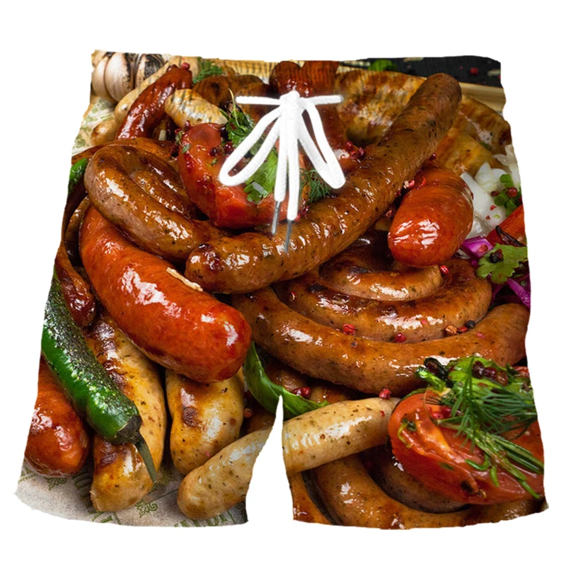 HX Delicious Food Sport Shorts 3D Graphic Delicacy Grilled Sausages Polyester Pockets Board Pants Harajuku Men Clothing