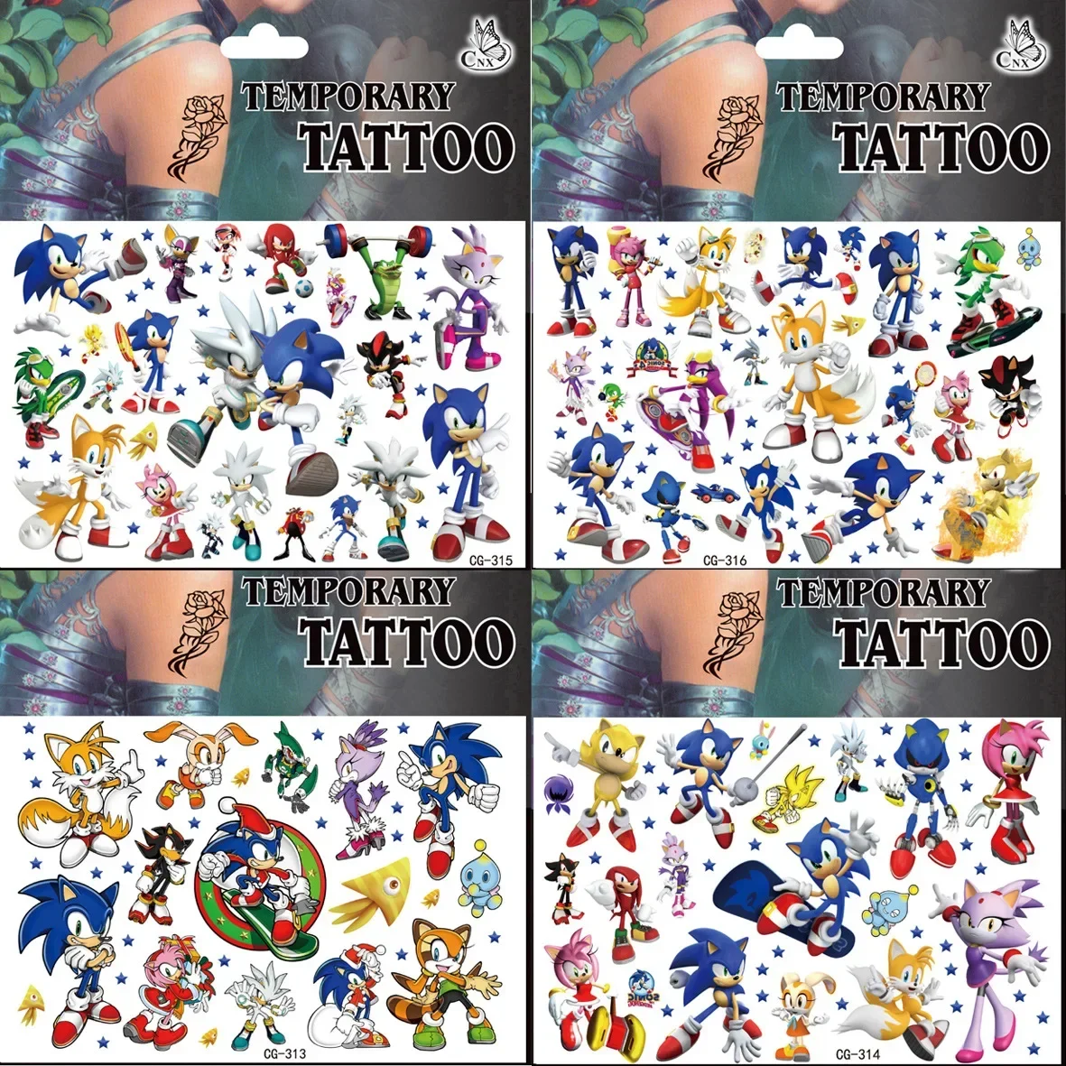 Autocollants de tatouage temporaire Sonic, dessin animé, art corporel pour enfants, jouets de fête cosplay, cadeaux amusants et mignons pour enfants