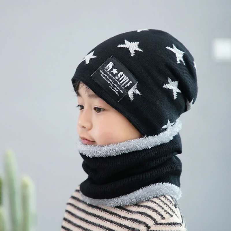 New Winter Baby Hat Set Star Children Beanies Cap Neck Collar Scarf Boys Girls Outdoor Warm Knitted Hat Scarf Kids Head Cover