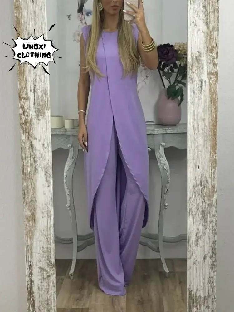 2023 Fashion Summer New Casual Sleeveless Round Neck Sunscreen Suit Large High Waist Wide Leg Pants Women\'s Two Piece Set