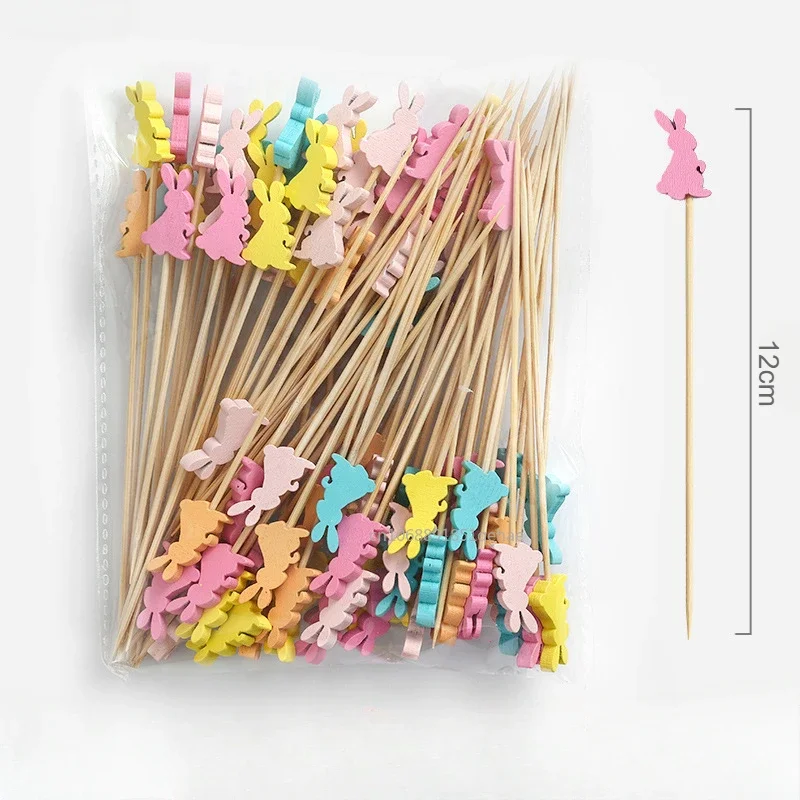 100PCS/Pack Easter Bunny Eggs Toothpicks Natural Bamboo Cocktail Picks for Cake Dessert Food Fruit Easter Party Decorations