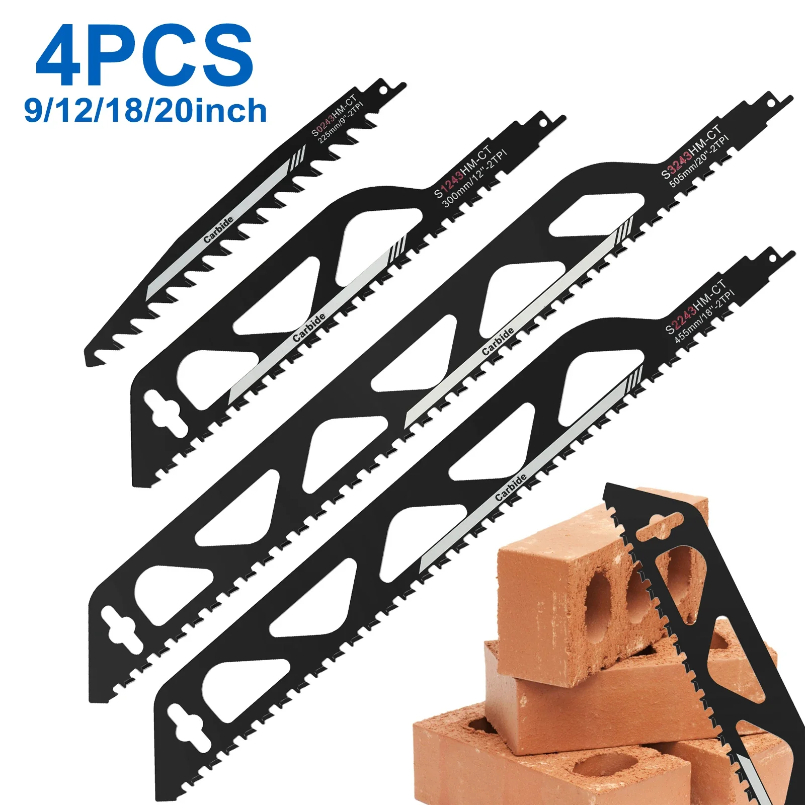 

4Pcs Reciprocating Saw Blade Set 9/12/18/20'' Carbide Cutting Reciprocating Saber Saw Blade 2TPI Concrete Brick Cutting Blade