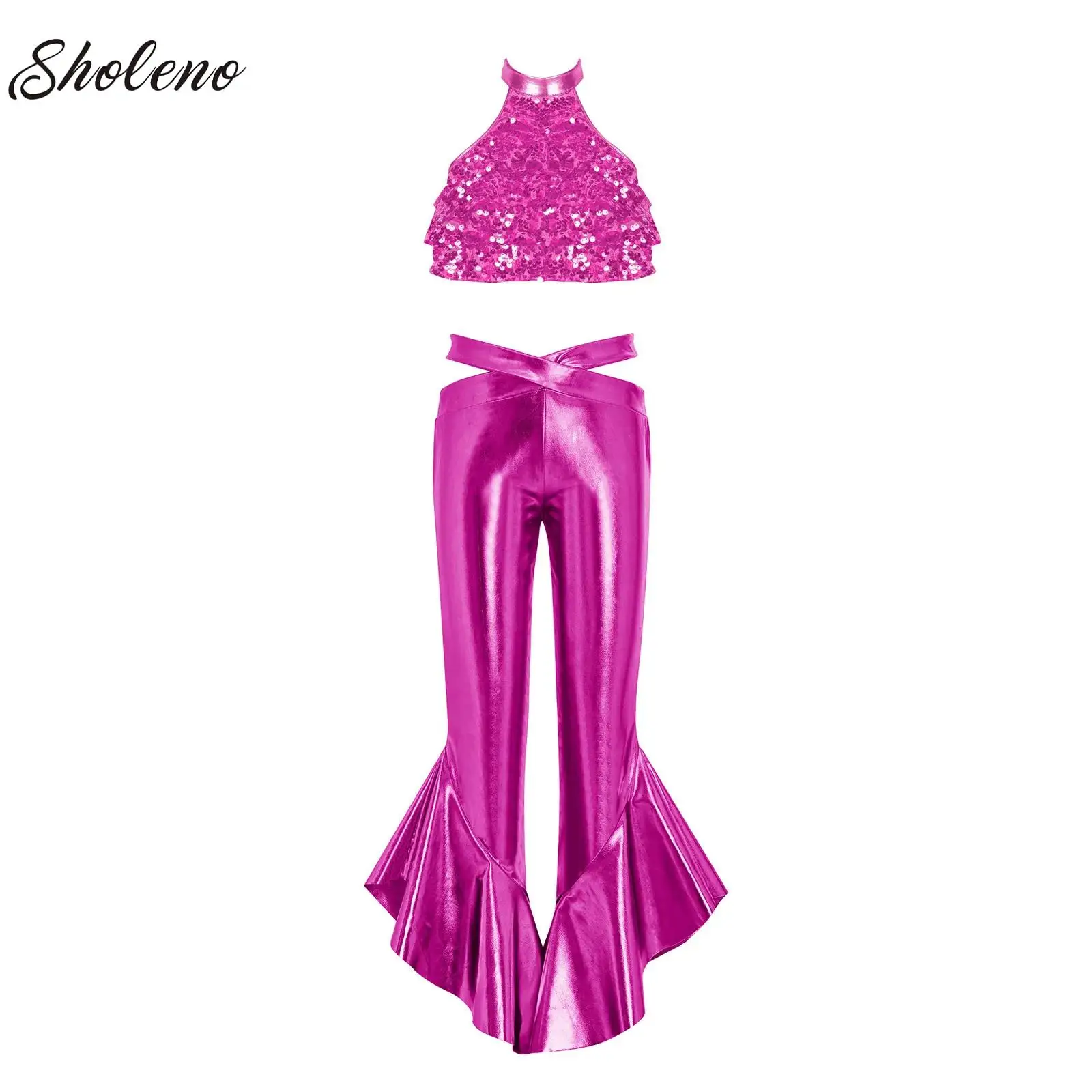 

Girls Hip Hop Jazz Performance Costume Street Dance Outfits Kids Shiny Sequins Jacket Crop Top Vest And Flared Pants Kids Suits