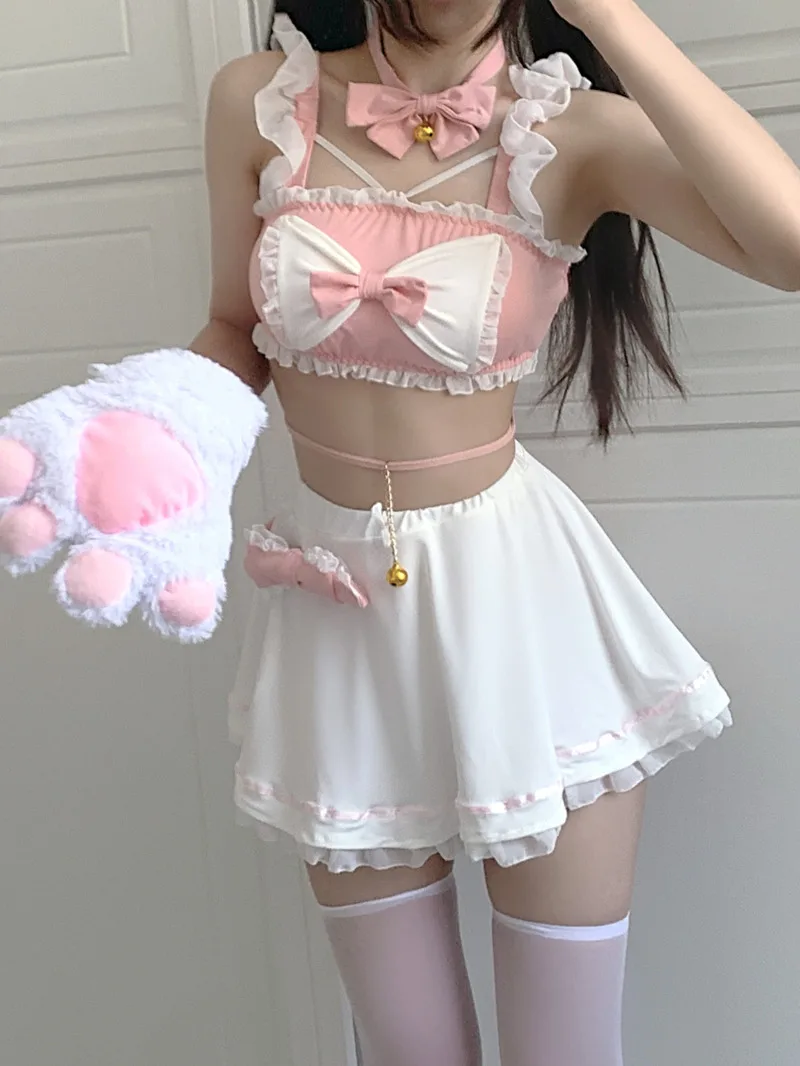 

Sexy Cute Maid Apron Tie Up Uniform Bow Tie Skirt Set Sweet Hollow Out Uniform Romantic Elegant Gentle Passion Sheer Charm VSAY