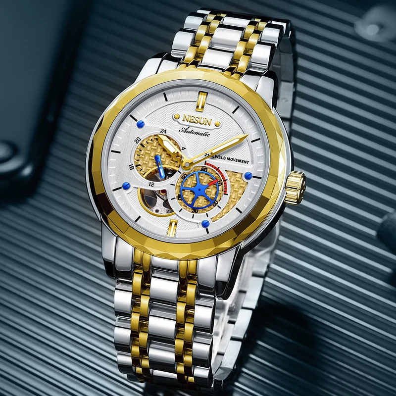 ساعة NESUN للرجال: ساعة ميكانيكية أوتوماتيكية بالكامل للرجال مع دولاب الموازنة الهيكلية وساعة رجالية كاجوال مضيئة 9810