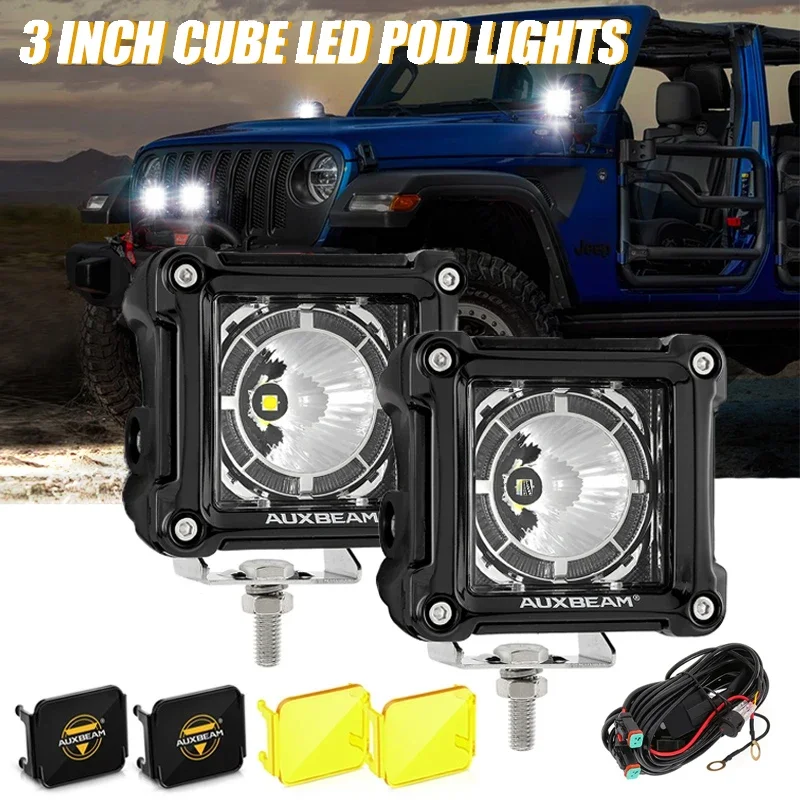 AUXBEAM 3 Inch Cube LED Work Light Pods with Harness for Truck Pickup Offroad