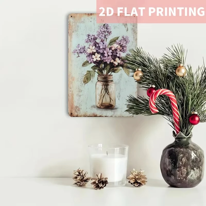 Metal Wall Art Sign - Rustic Violet & Lily Flowers in Wooden Barrel Design, Farmhouse Decor for Bedroom, Dining Room, Country