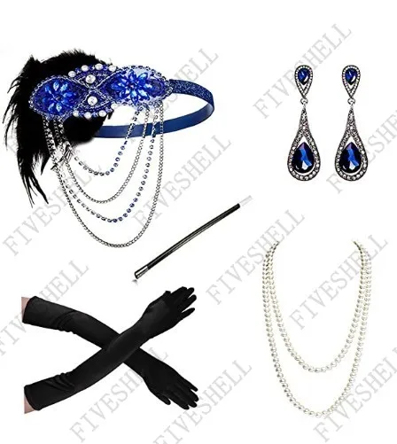 1920S Great Gatsby Roaring เครื่องแต่งกาย Flapper Headband ไข่มุกสร้อยคอที่เขี่ยบุหรี่ชุดต่างหู