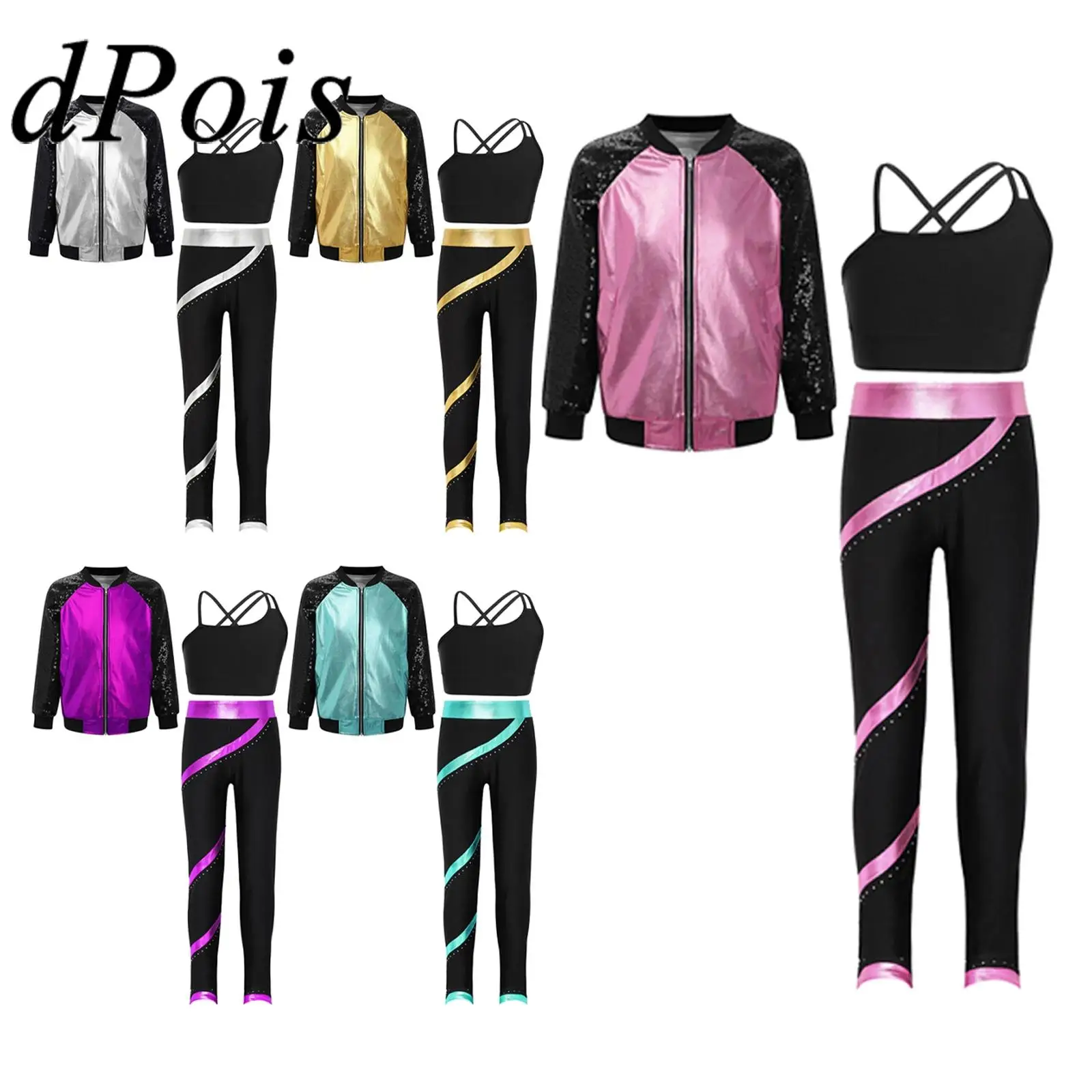 Children Jazz Dance Clothes Sets Fashion Hiphop Wear Vest with Metallic Long Sleeve Zipper Jacket Pants Kids Girls Sports Suits