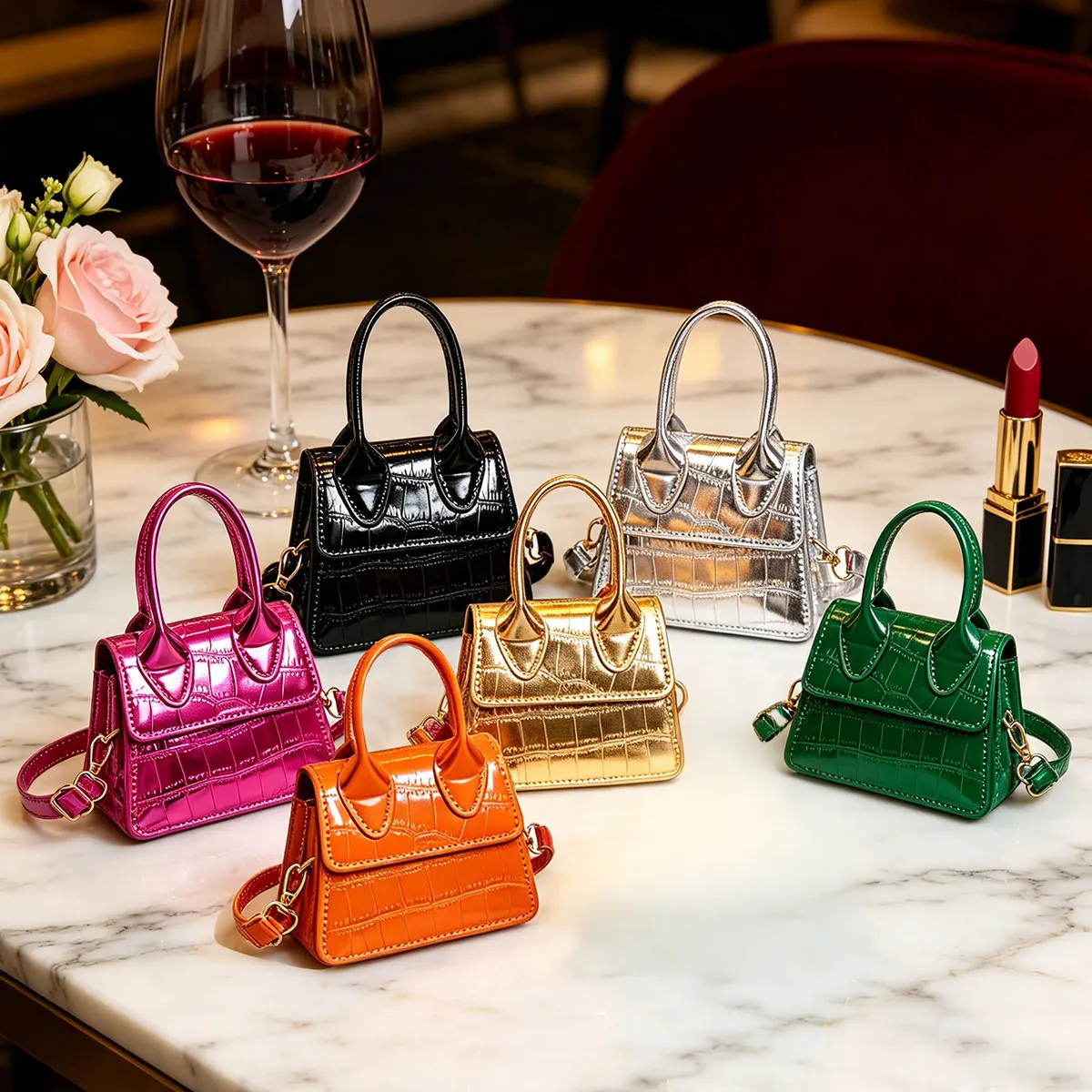 Leichte Luxus-Handtasche mit Krokodilmuster, Glänzende Mini-Umhängetasche, Bonbonfarbene Flip-Top-Lippenstifttasche, Münzbörse für Pendeln und Partys