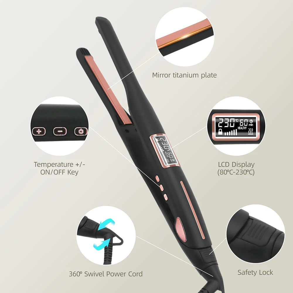Mini Hair Straightener Curler Titanium Thin Plate Pencil Flat Iron For Short Hair Beard Pixie Cut Salon Styling Tool 100-240V view 6