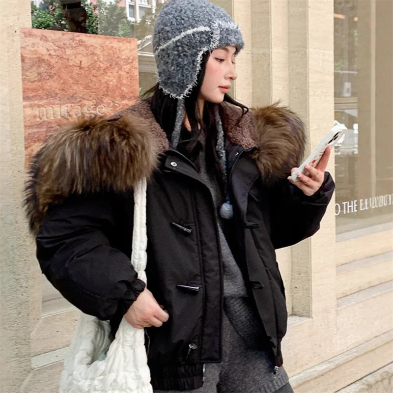 2025 New Fashion Winter Parkas Women's Short Down Cotton-padded Jackets Korean Big-Fur-collar Zip-up-Hooded Thicken Outerwear