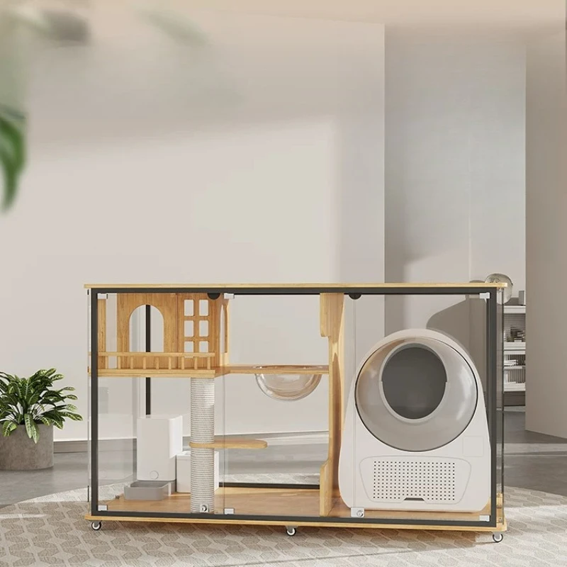 Panoramic cat villa, horizontal fully transparent glass cat cabinet, solid wood human and cat shared cabinet