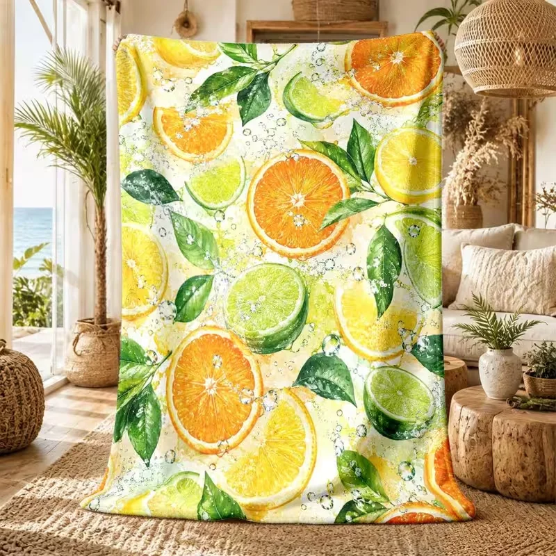 Letter Orange Fruit Mediterranean Tile Print Warm Cozy Soft Throw Blanket Sofa Bed Home Decor All‑Season Daily Use Blanket