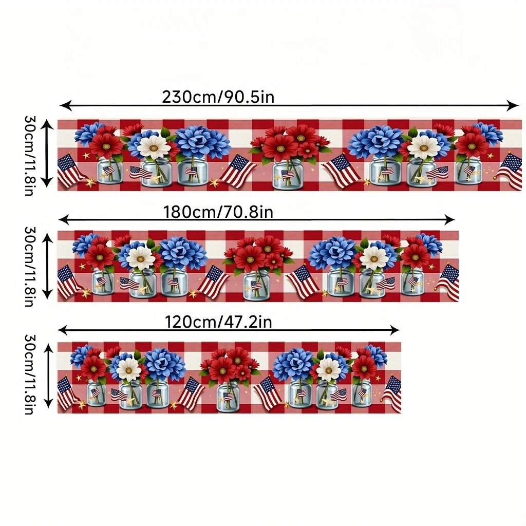 1-Piece Patriotic Flowers & Flags Print Table Runner, Rectangular Table Runner, Universal for Home, Kitchen, Party & Holiday
