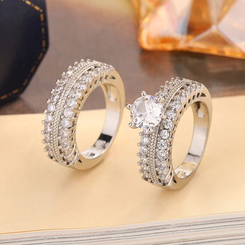 Fashion engagement rings exaggerated micro inlaid diamonds sparkling luxury rings for women two-piece set exquisite jewelry