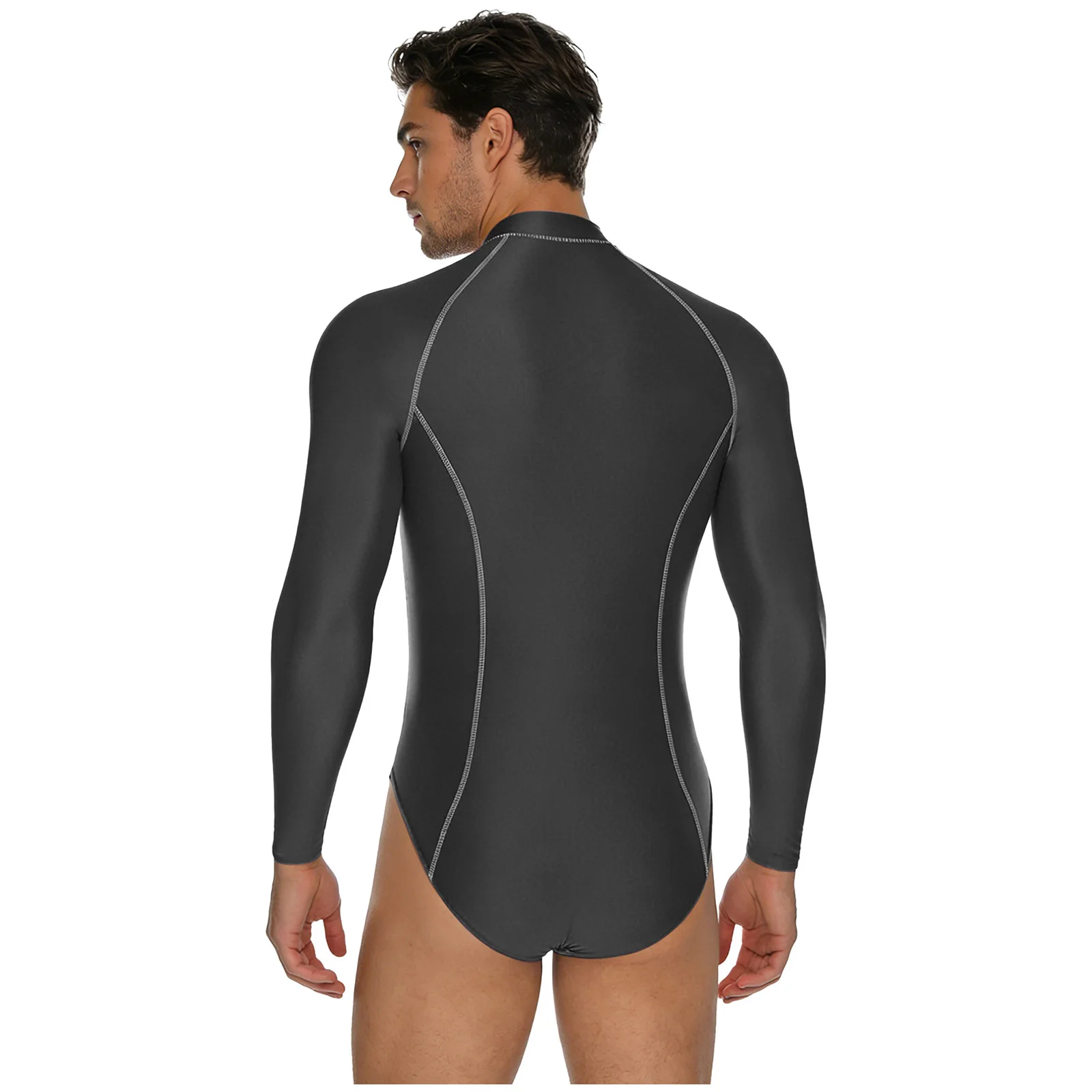 Herren-Badeanzug mit Glanzoptik, Rash Guard Schwimmanzug mit Langen Ärmeln, Frontreißverschluss, Hochgeschnittener Leotard-Jumpsuit für Surfen und Schwimmen – Detail 13