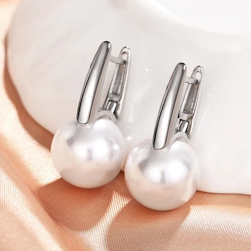 Huitan Simple Elegant Imitation Pearl Earrings for Women Metal Silver Color Fashion Versatile Lady's Ear Accessories New Jewelry