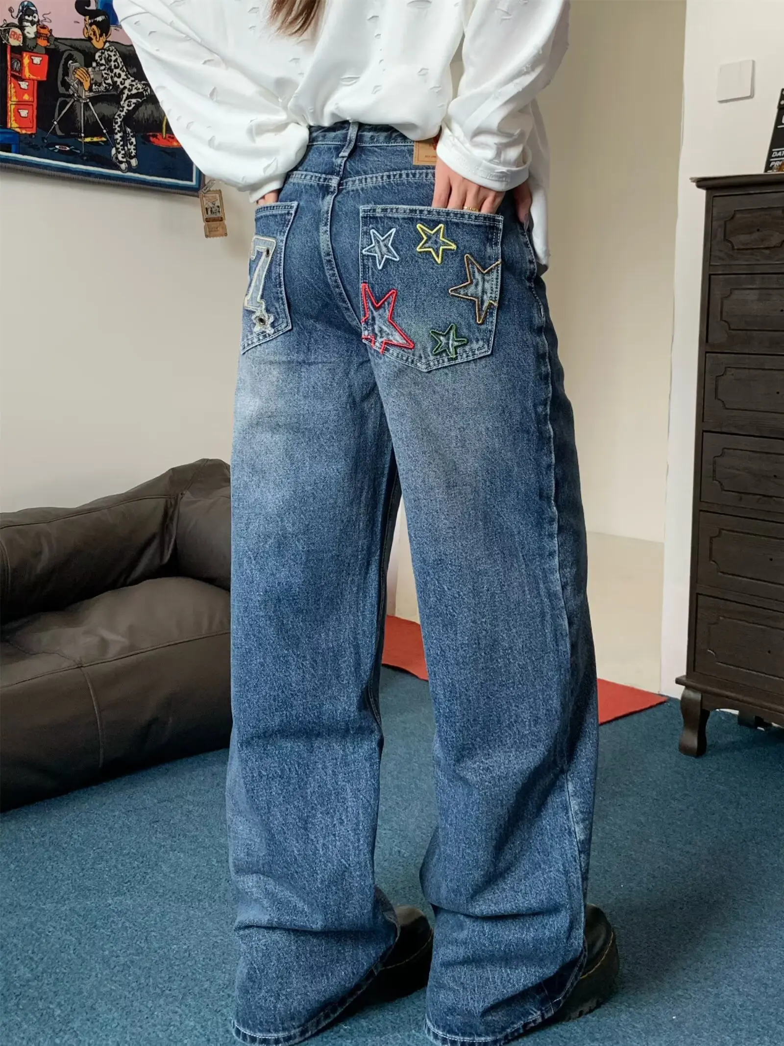 

Женские джинсы-карго с вышивкой синей звезды, мешковатые брюки Y2K, американские джинсы в стиле Харадзюку, эстетические джинсы в стиле ретро, женские брюки