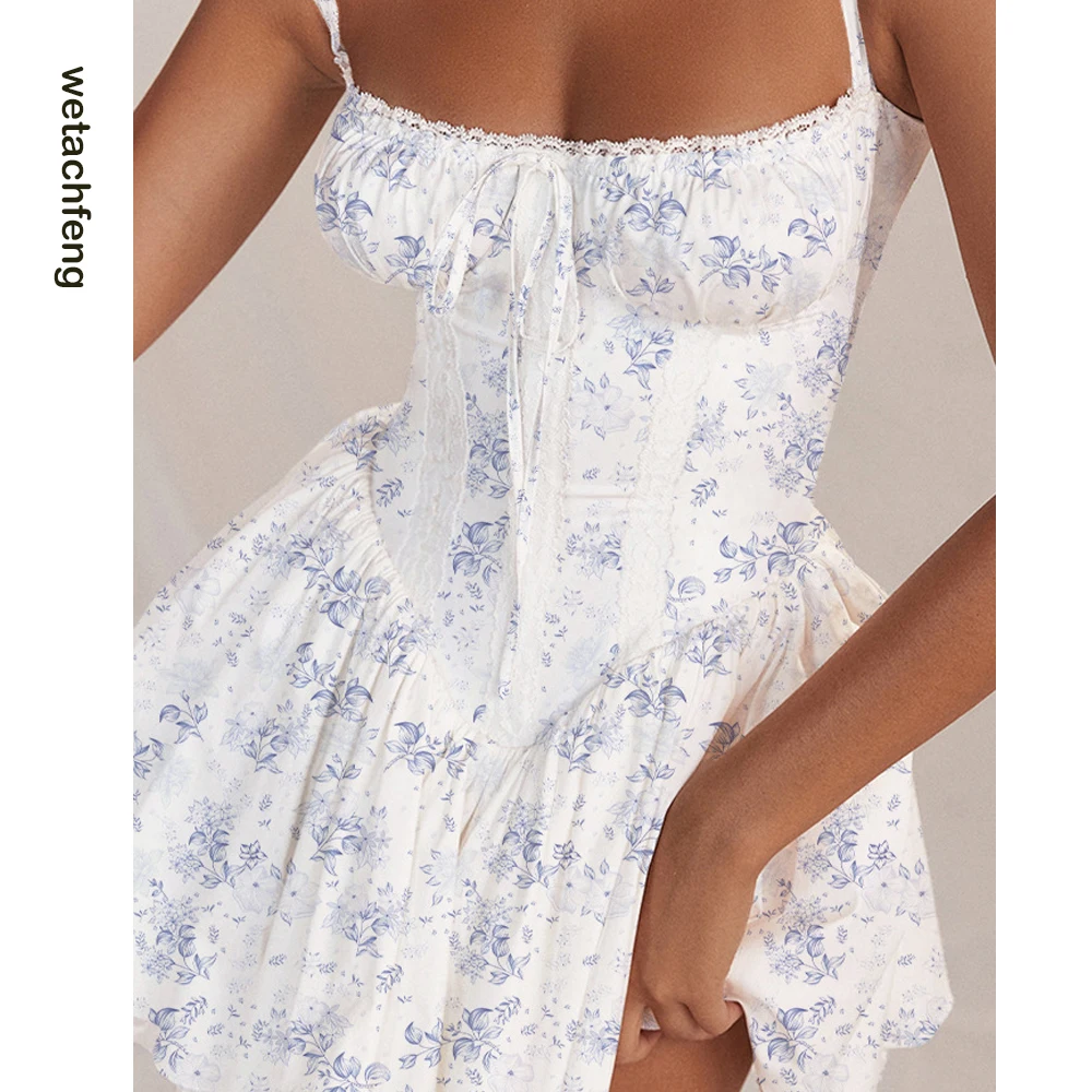 Minivestido de encaje Floral azul para mujer, camisola Sexy con Espalda descubierta, vestido ajustado de noche para fiesta, ropa de princesa acampanada, 2024