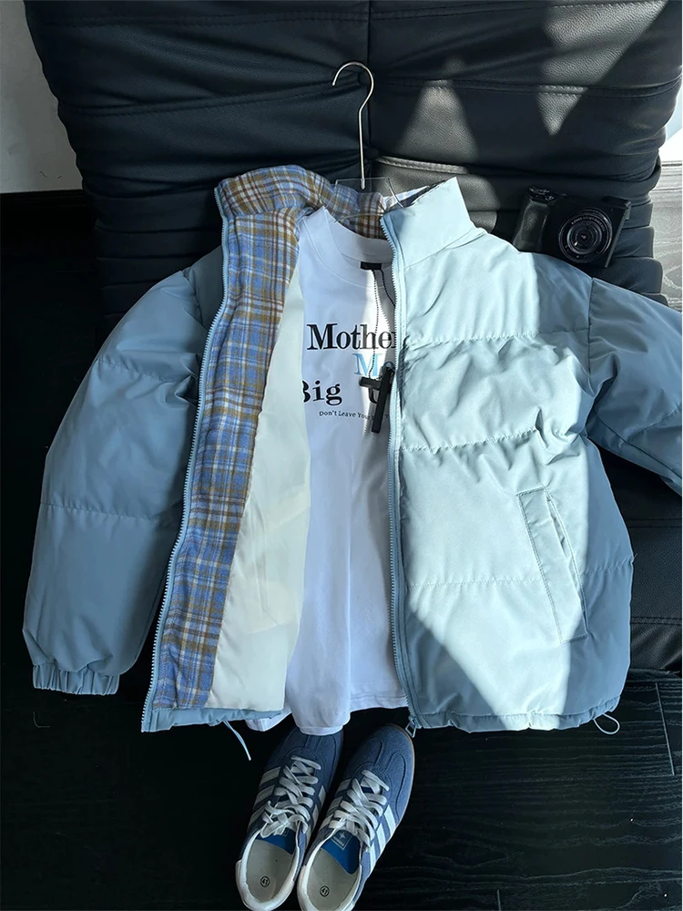 

Thiened Plaid Patchwork Men's Winter Jaet Stand Collar Cotton Puffer Youth Faion Dopane Couples Matching Outerwear