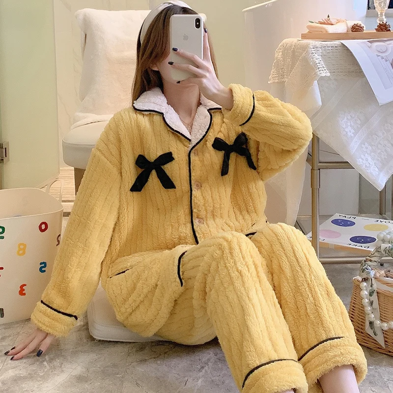 2pc Plus Velvet Pajamas Women Winter Flannel Long-Sleeved Thickening Coral Fleece Cute Autumn And Winter Home Service Suit Women