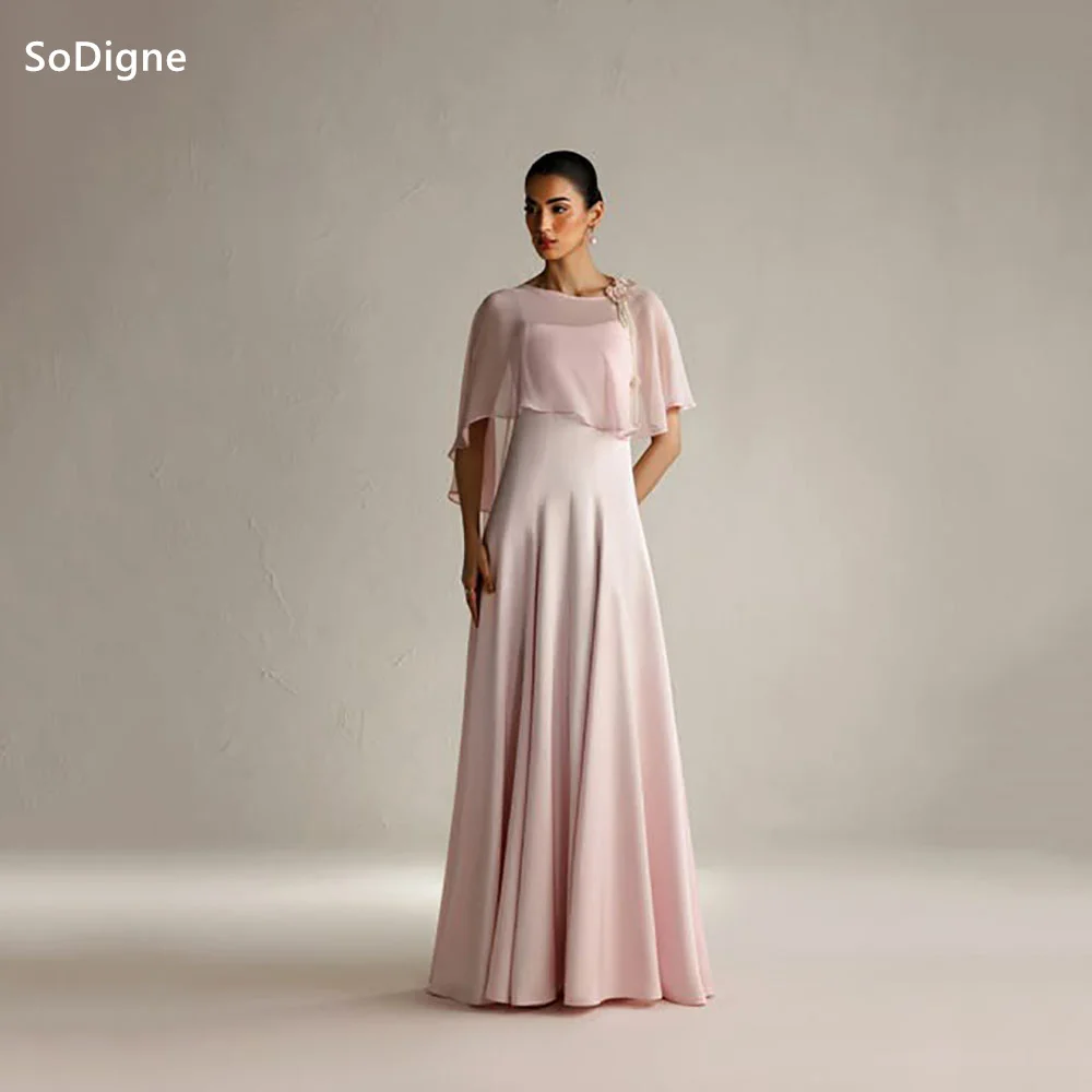 SoDigne Dusty Pink Prom Dresses Round Neck Chiffon Evening Dress 3D Floral Appliqué Flowy Evening Gown 2026 Customized