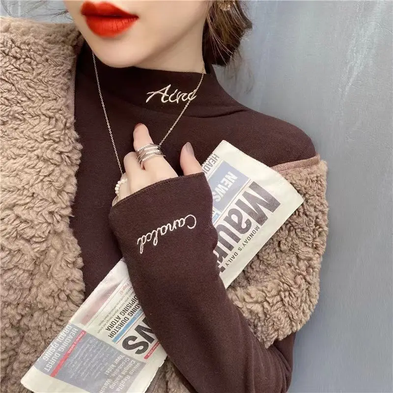 De Rong Half High Collar Letter Embroidery Slim T-Shirts Double Sanding Plush Soft Keep Warm Long Sleeve Women's Clothing Basic