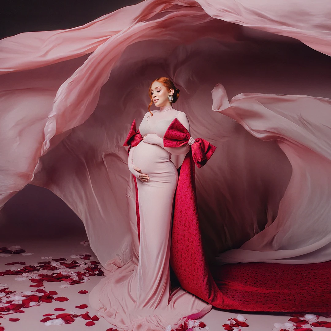 

Новейшие комплекты из двух предметов для беременных: эластичные платья-русалки из спандекса в пол с длинным шлейфом и съемным бантом