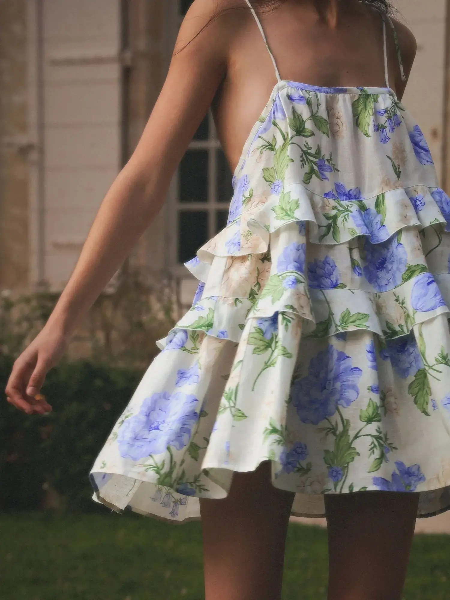 Flor impressão feminina estilingue boneca vestido babados em camadas gola quadrada sem mangas doce feminino linho mini robe