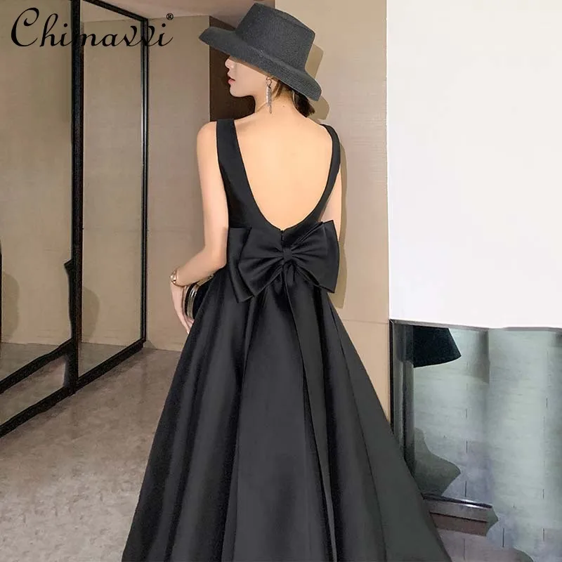 

French Hepburn Style Elegant Socialite Banquet Evening Dress Sexy Backless Bow High Waist Temperament Black Long Dress Women