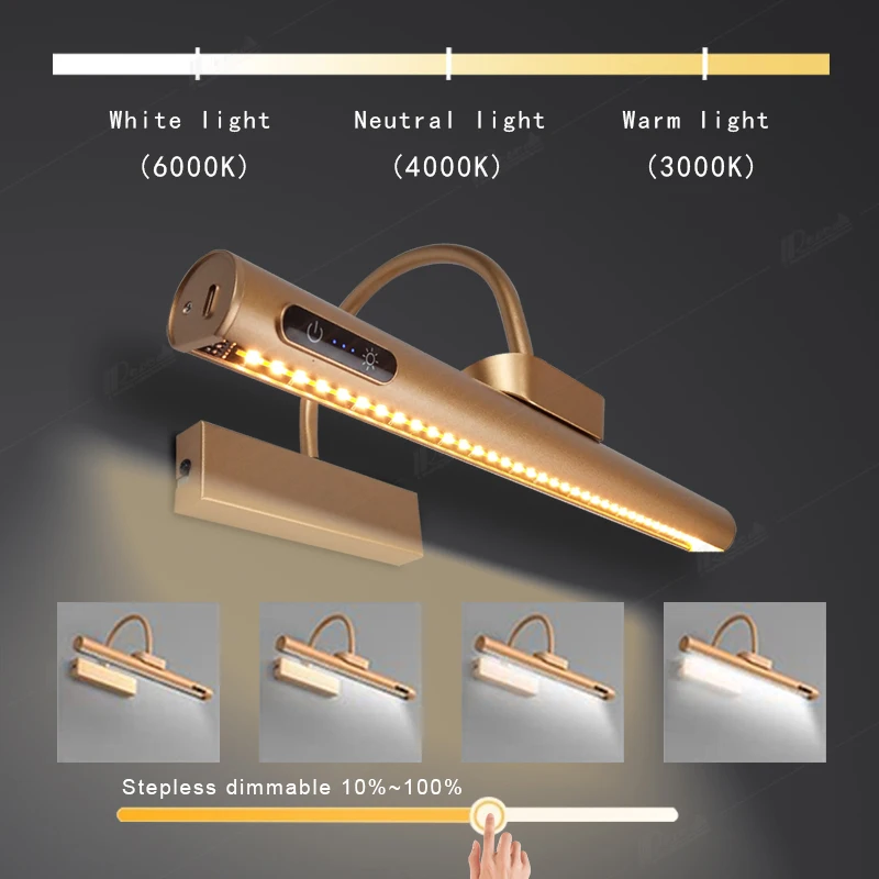 

Led Rechargeable Wall Lamp Modern Remote Control 3color Dimming Gold Bathroom Mirror Light Aluminum Picture Lights for Hotel