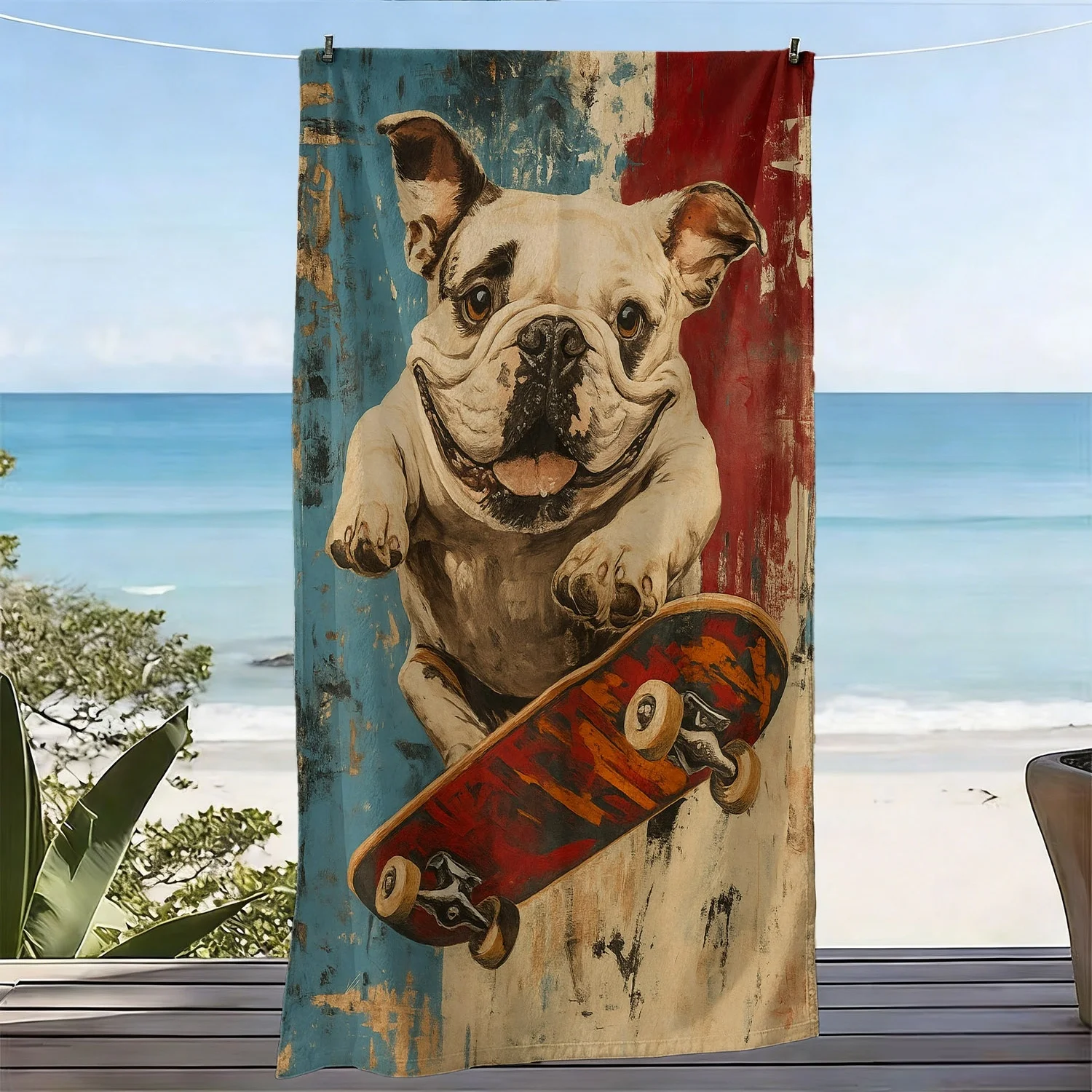 Skateboard Bulldog Theme polyester microfiber beach towel is highly absorbent, suitable for swimming and beach outings