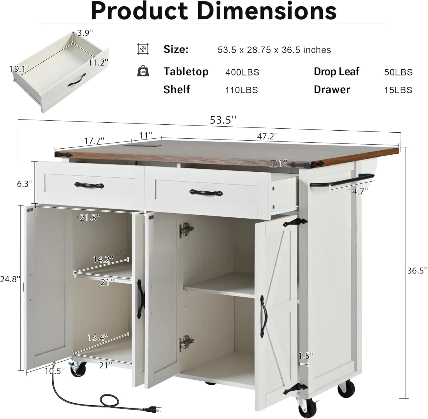 Farmhouse Rolling Kitchen Island with Power Outlet, Drop Leaf Breakfast Bar, Wooden Mobile Storage Island Cart on Wheels with