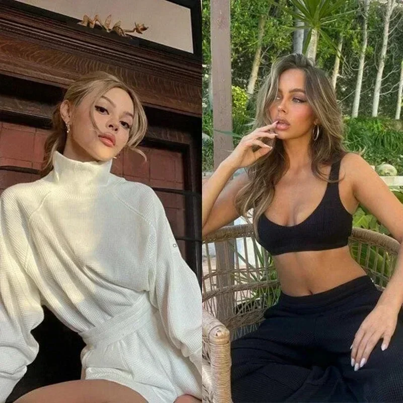 AL 2024 Yoga Weekend Escape Jogger Set Waffle Weekend Escape Cuello simulado Manga larga Color sólido Camisa de moda casual