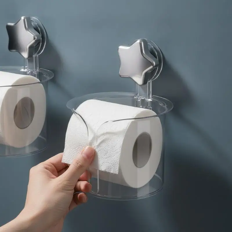 Transparent Suction Cup Tissue Holder Cute Star Design No Drilling Large Capacity For Bathroom And Kitchen Use