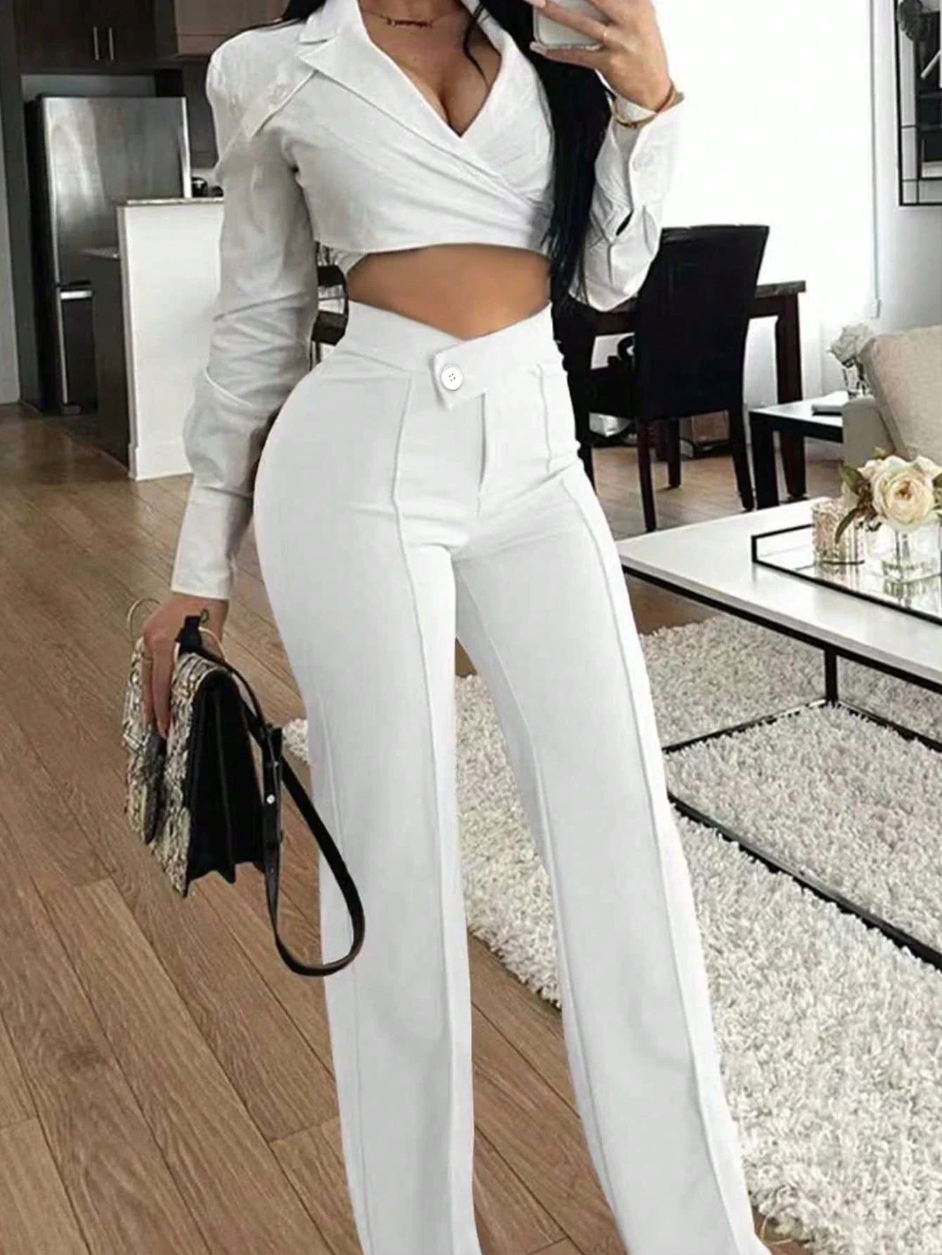 

Women's High Waist Wide Leg Pants Solid Color Casual Office Party White
