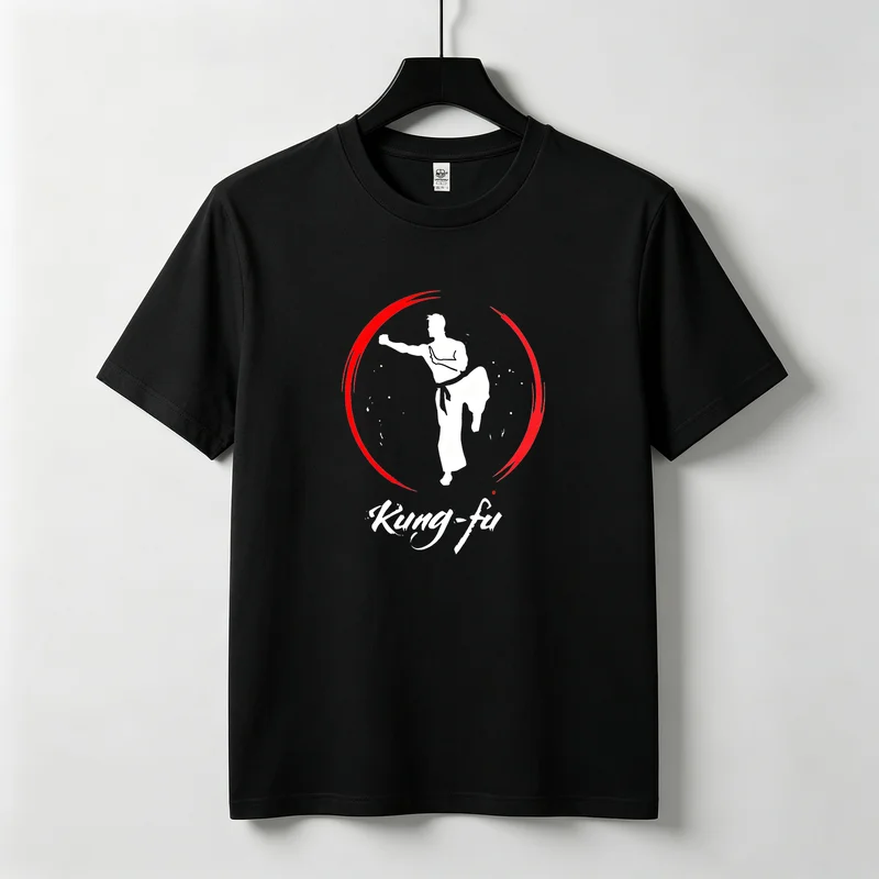 Kung Fu Red Circle Fighter Silhouette Brush Stroke Calligraphy Text Minimalist Combat Emblem Heavyweight Cotton Unisex T-Shirt