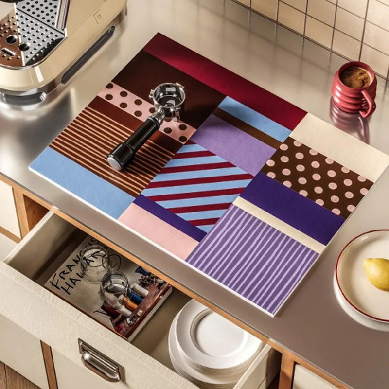 Vintage Patchwork Coffee Machine Drain Mat Retro Block Water Absorbent Kitchen Counter Pad Non Slip Quick Dry Heat Resistant