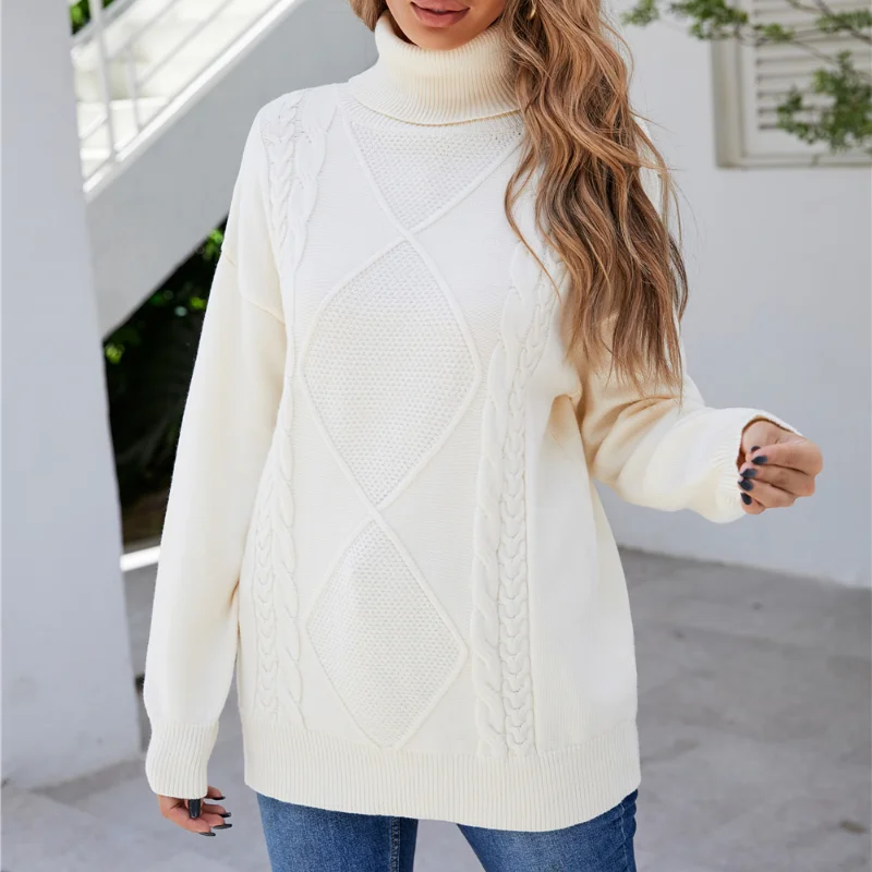 

Women Knitted Sweater Turtleneck Pullovers Autumn Winter Sweaters New 2023 Long Sleeve Thick Warm Female White Sweater Jumper