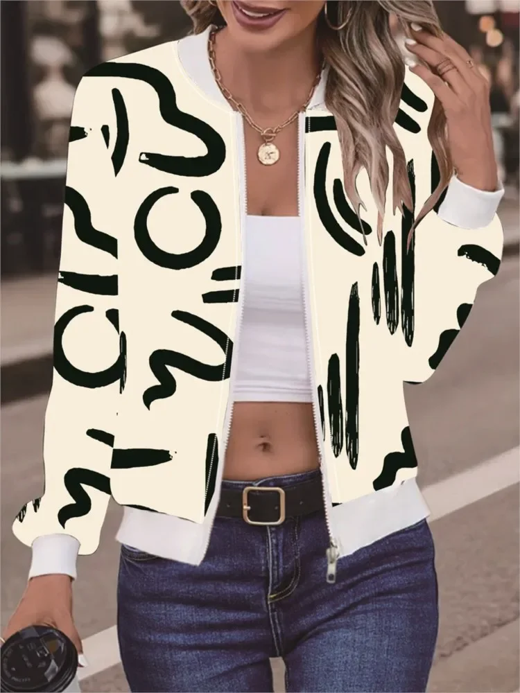 

Fashion Flight Jacket Women Office Casual Coats Autumn Long Sleeve Print Zipper O Neck Jackets Street Female Short Jackets