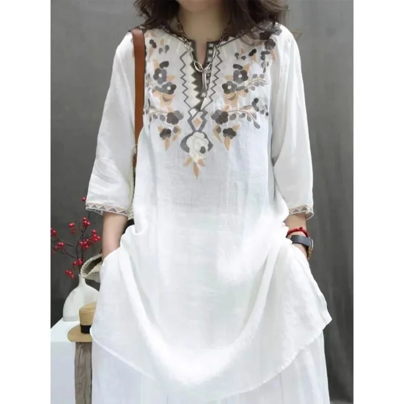 

Summer Heavy Industry Women's Clothing Retro Embroidered Medium to Long Loose Cotton and Hemp Western Style Shirt Casual Top