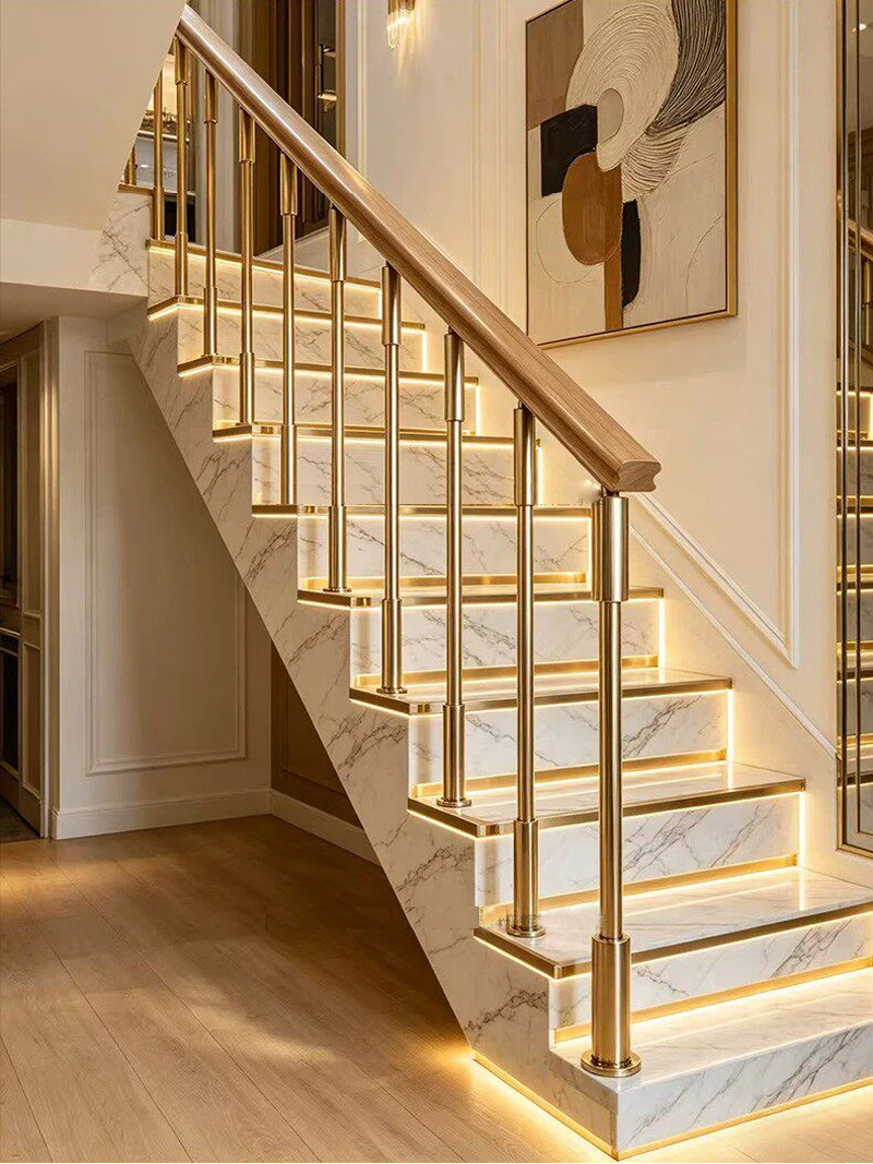 Luxury Gold Stainless Steel Staircase Handrail Kit with Solid Wood Columns for Home Duplex Buildings Decorative Stair Hand Rails