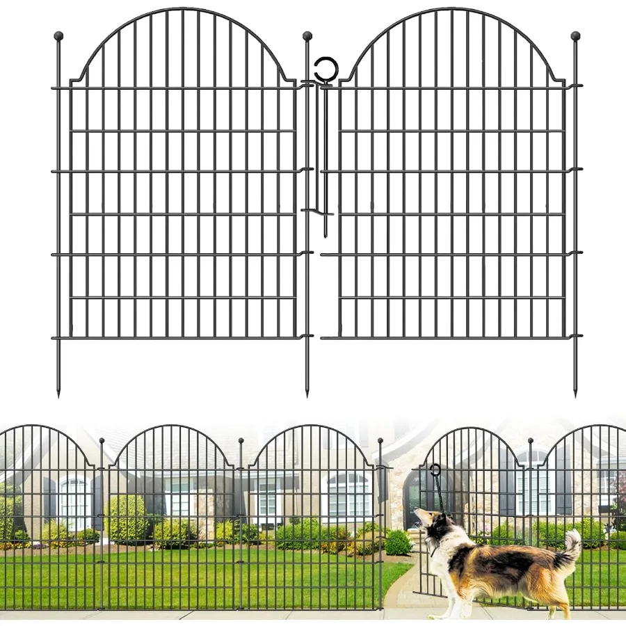 

Decorative Metal Garden Fence with Gate Lock for Outdoor Yard and Patio Use: 10 Panels 40in H x 23.6ft (L) NoDig Temporary Rust