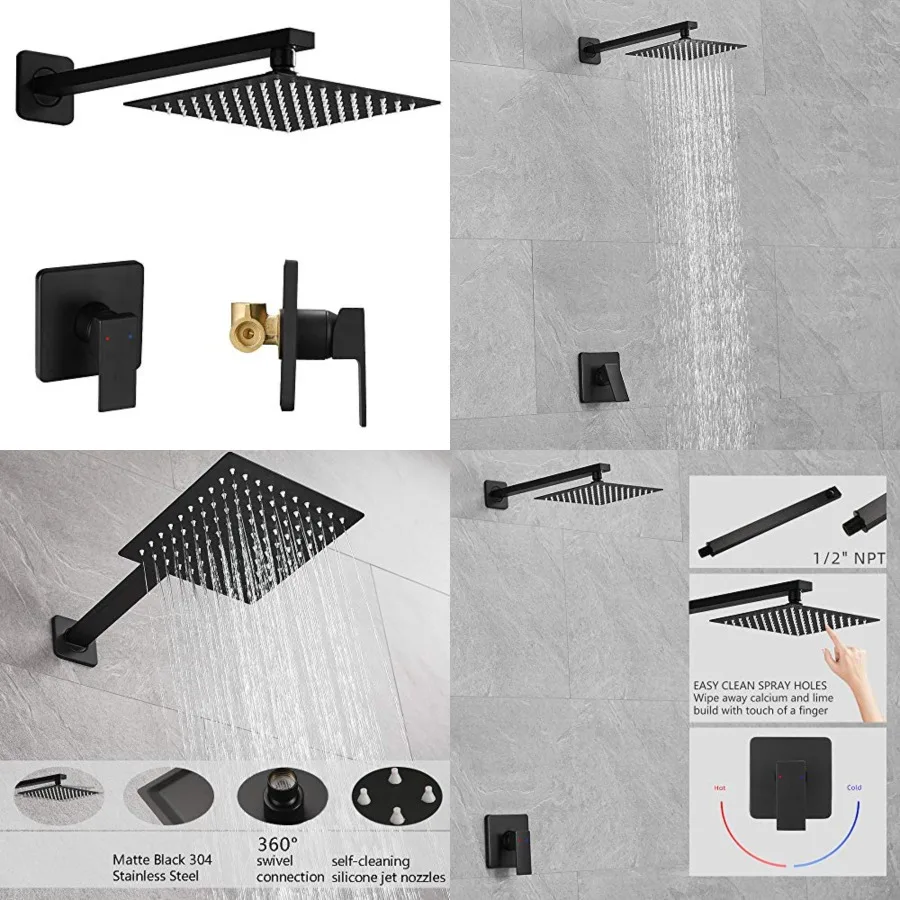 

Set, Single Function Shower Trim Kit with Rough-in Valve, Square Rain Shower Head System Included Extra Long Shower Arm for Bat
