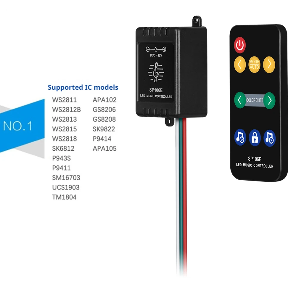 SP106E RGB LED Controller 9 Keys RF Wireless Pixel IC SPI Music Colorful WS2811 WS2812B SK9822 SK6812 APA102 Strip Light DC5-12V