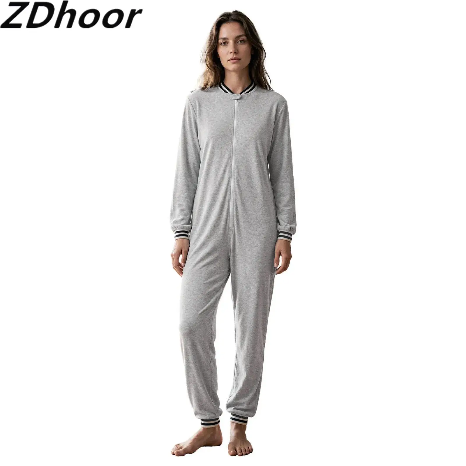 Men Women Elderly Adaptive Jumpsuit Striped Collar Cuffs Legs Long Sleeve Anti-strip Bodysuit with Front Side Back Waist Zipper