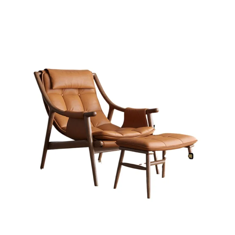 

Solid wood sofa chair balcony black walnut color home leisure nap chair leather recliner