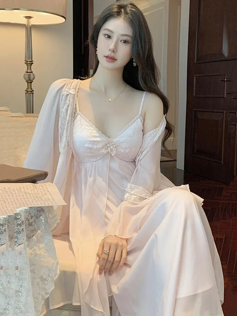 French Sexy Robe Fairy Nightgown Two-piece Set for Women Spring Chiffon Mesh Vintage Princess Pajama Sleepwear Home Clothing