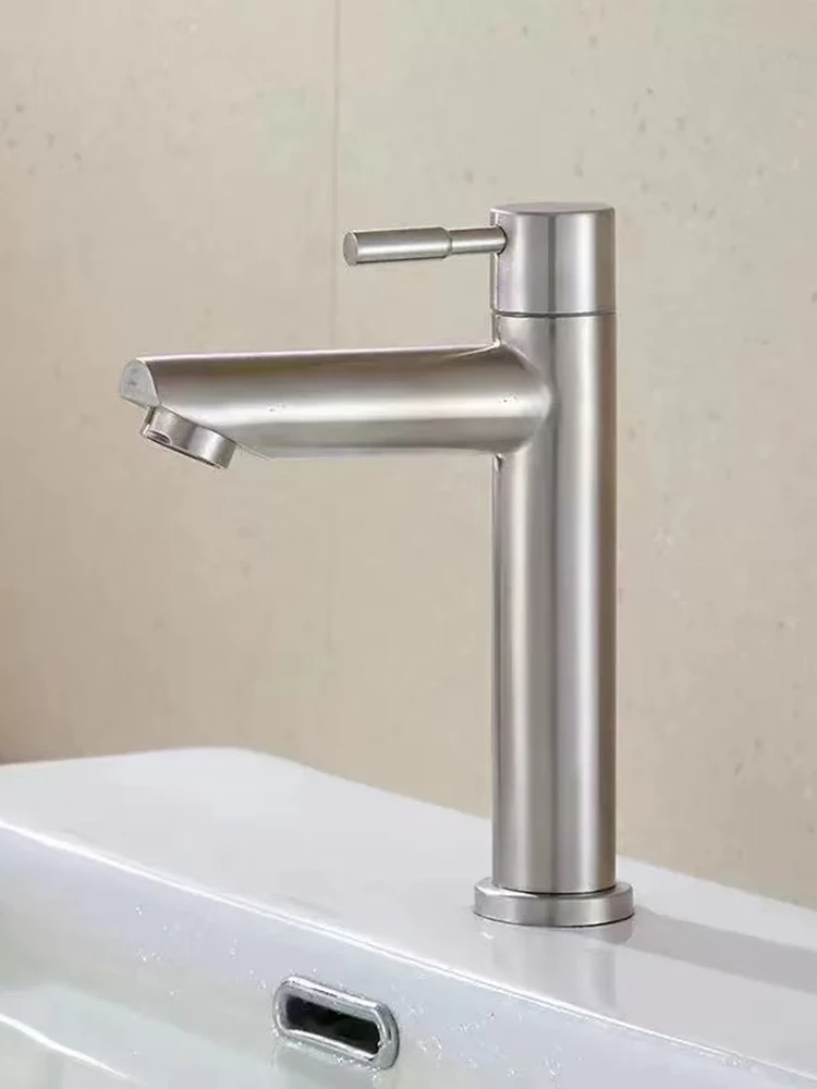 Robinet de lavabo en acier inoxydable 304, robinet d'eau froide simple, couleur noir argent, monté sur le pont, allonge et soulevant le lavabo
